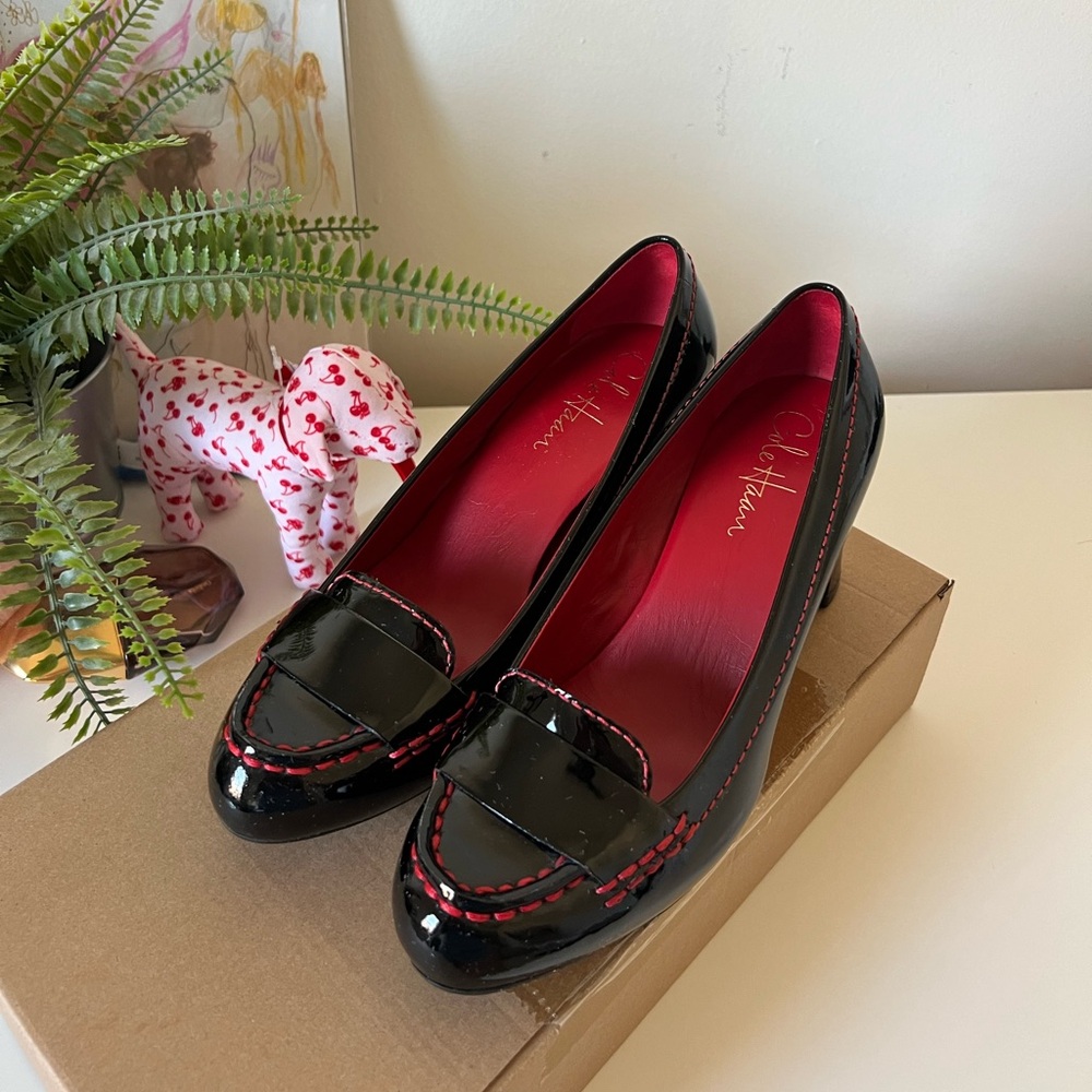 cole haan air marion black patent leather platforms with red details size: 7.5